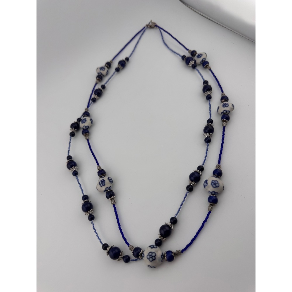 Double Strand Blue White Ceramic Bead Necklace Silver Tone Clasp